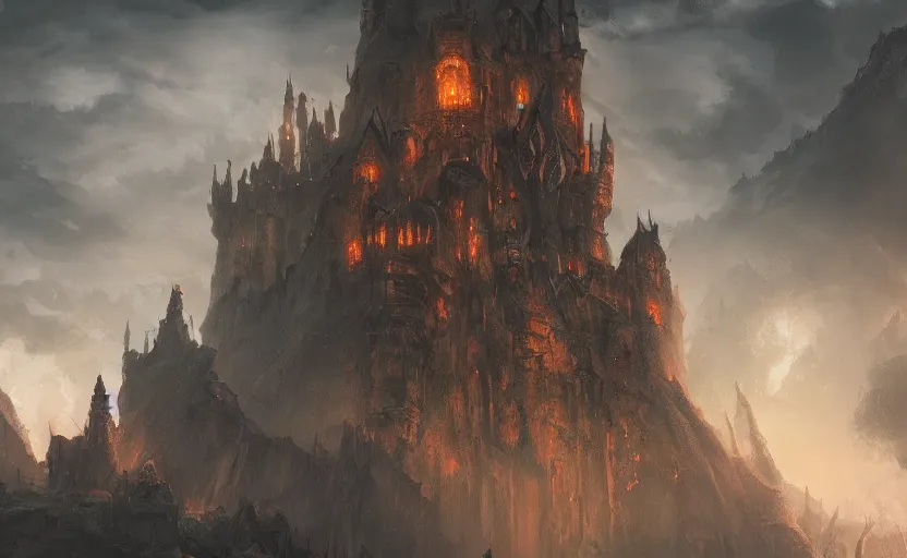 Image similar to an arcane fortress, magical and powerful, landscape art, mindblowing, concept art, matte, illustration, ominous, magical, dnd, 4 k uhd, very detailed