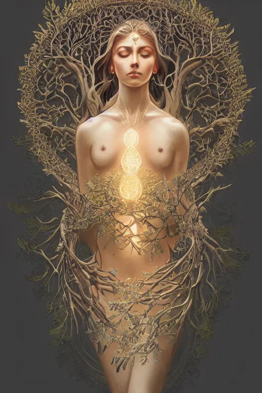 Image similar to ultra realistic illustration, a statue of the tree of life, intricate, elegant, highly detailed, digital painting, artstation, concept art, smooth, sharp focus, illustration, art by artgerm and greg rutkowski and alphonse mucha