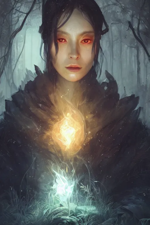 Image similar to a fancy close up illustrated portrait of a beautiful dark mage using magic in the forest by Greg Rutkowski, Sung Choi, Mitchell Mohrhauser, Maciej Kuciara, Johnson Ting, Maxim Verehin, Peter Konig, final fantasy , mythical, 8k photorealistic, cinematic lighting, HD, high details, atmospheric,