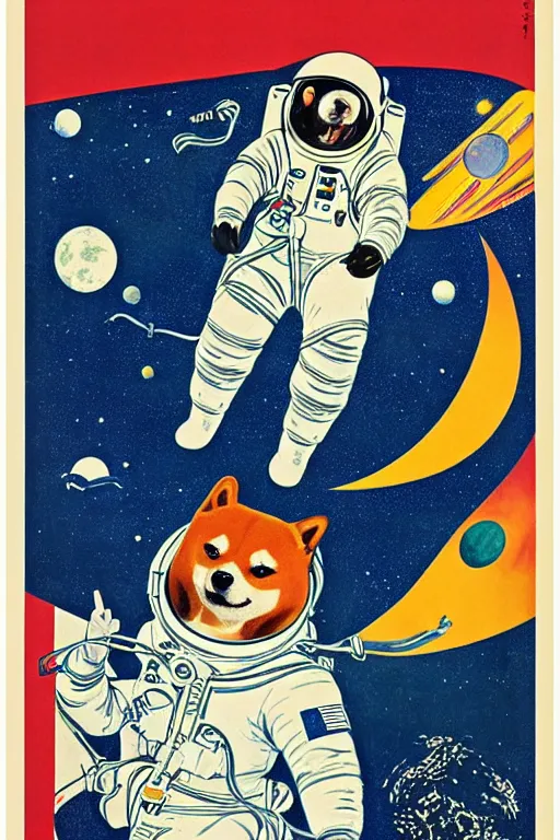 Image similar to Shiba Inu cosmonaut portrait, moon mission, 60s poster, 1968 Soviet Japanese