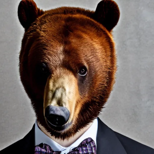 Prompt: a bear is wearing a suit, high res professional portrait photography