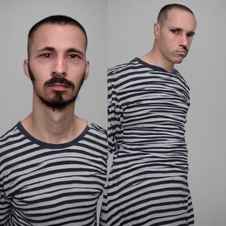 Image similar to bottle headed man wearing striped prison clothing, jail mugshot