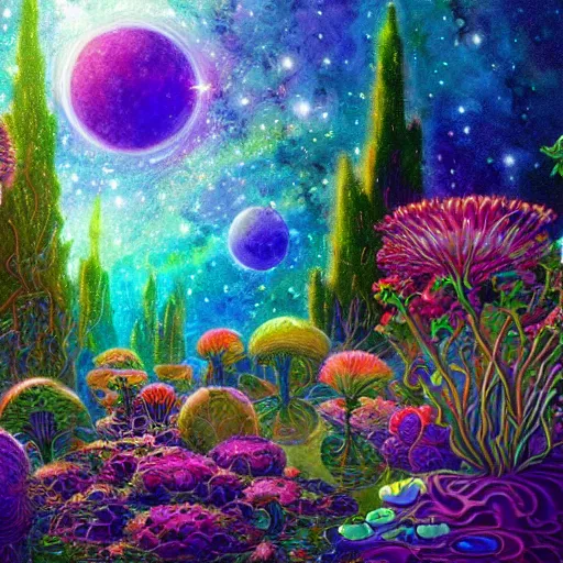 Prompt: oil on canvas of a beautiful spacescape of a garden on an new alien planet. full of strange multicoloured holographic alien plants and flowers. beautiful. mysterious. intricately detailed. meticulously rendered. epic. 4 k hd. trending on art station. in style of james r eads. glitter. h 6 4 9