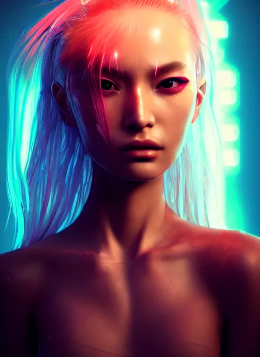 Prompt: photorealistic portrait of oriental female humanoid, wind blowing hair, cyber neon lights, highly detailed, cyberpunk high fashion, elegant, crispy quality, trending in artstation, trending in pinterest, glamor pose, no signature, no watermark, cinematic, art by pascal blanche