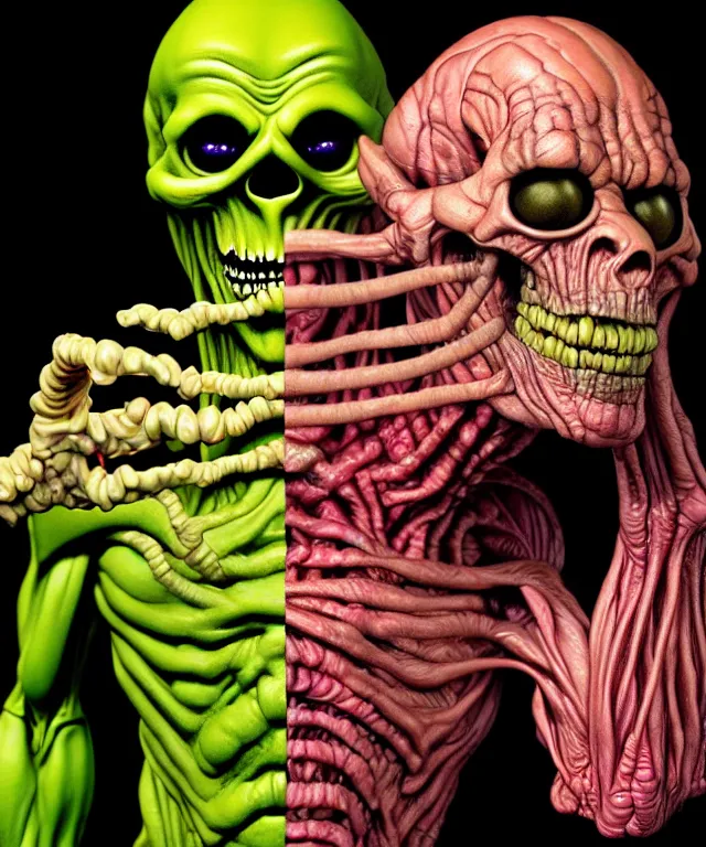 Image similar to hyperrealistic rendering, cronenberg flesh monster skeletor by art of skinner and richard corben and jeff easley, product photography, action figure, sofubi, studio lighting, colored gels