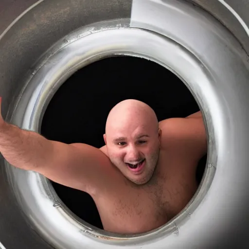 Prompt: bald fat person sticking out of the tank that is firing a rocket