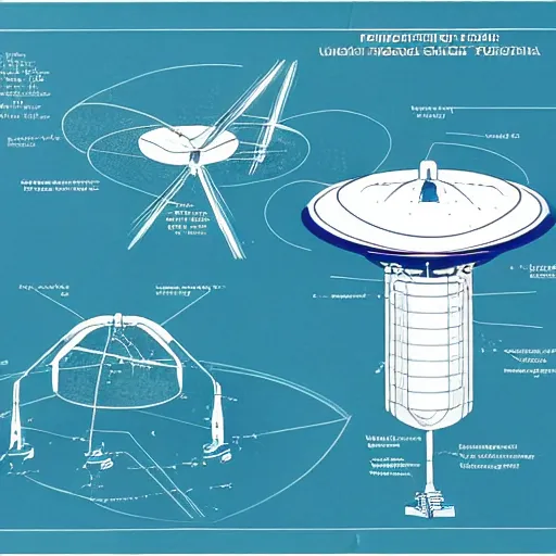 Image similar to a highly detailed technical schematic, blue - print, of a ufo propulsion system