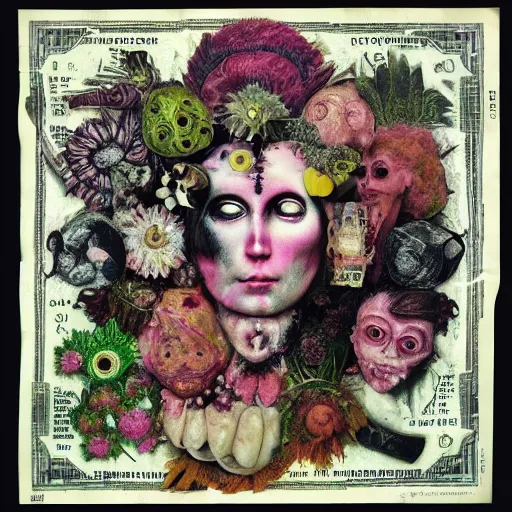 Image similar to post - punk new age album cover, asymmetrical design, dollar bank notes, capitalism, magic, apocalypse, psychedelic, black white pink, magic, giger h. r., giuseppe arcimboldo