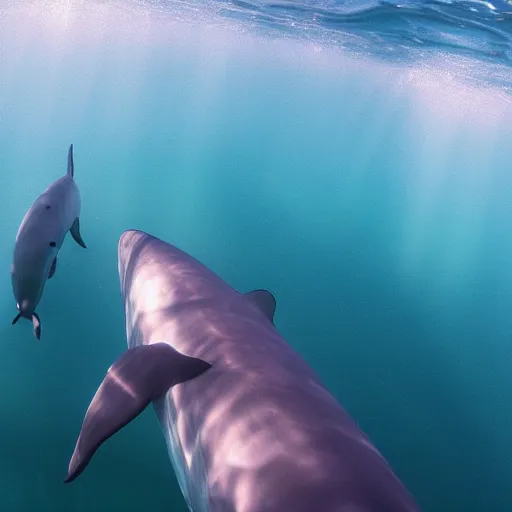 Prompt: underwater ocean, five dolphins, rip curl, school of dolphins, family, swimming to surface, calm, photograph, realistic, peaceful, light rays, beautiful, majestic, dapple, camera angle from below, distance,