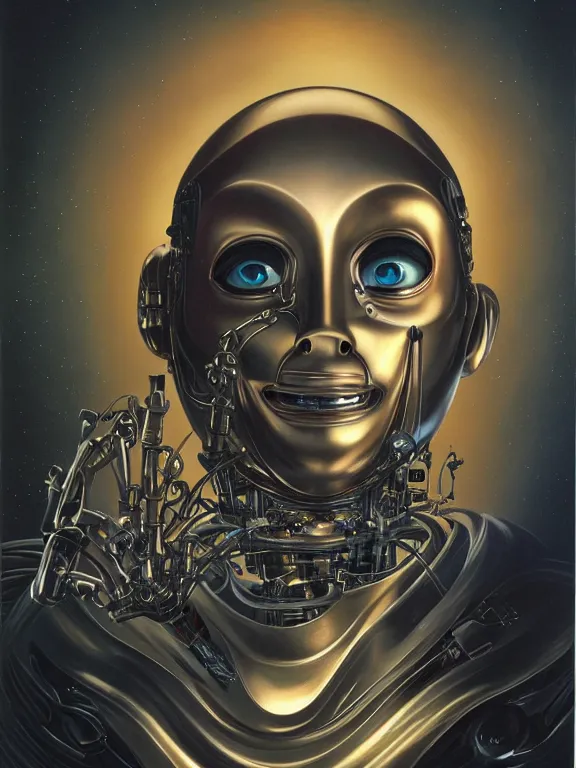 Prompt: perfectly centered portrait, front view of a beautiful biomechanical android alien anonymous guy fawkes robot, female, mickey mouse, flowing hair, intense stare, sarcastic smile, symmetrical, concept art, intricate detail, volumetric shadows and lighting, realistic oil painting by tim hildebrandt,