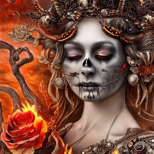 Image similar to a beautiful detailed 3d matte painting of female goddess of the dead, ominous, magical realism, texture, intricate, ornate, royally decorated, skull, skeleton, whirling smoke, embers, red adornements, 8k