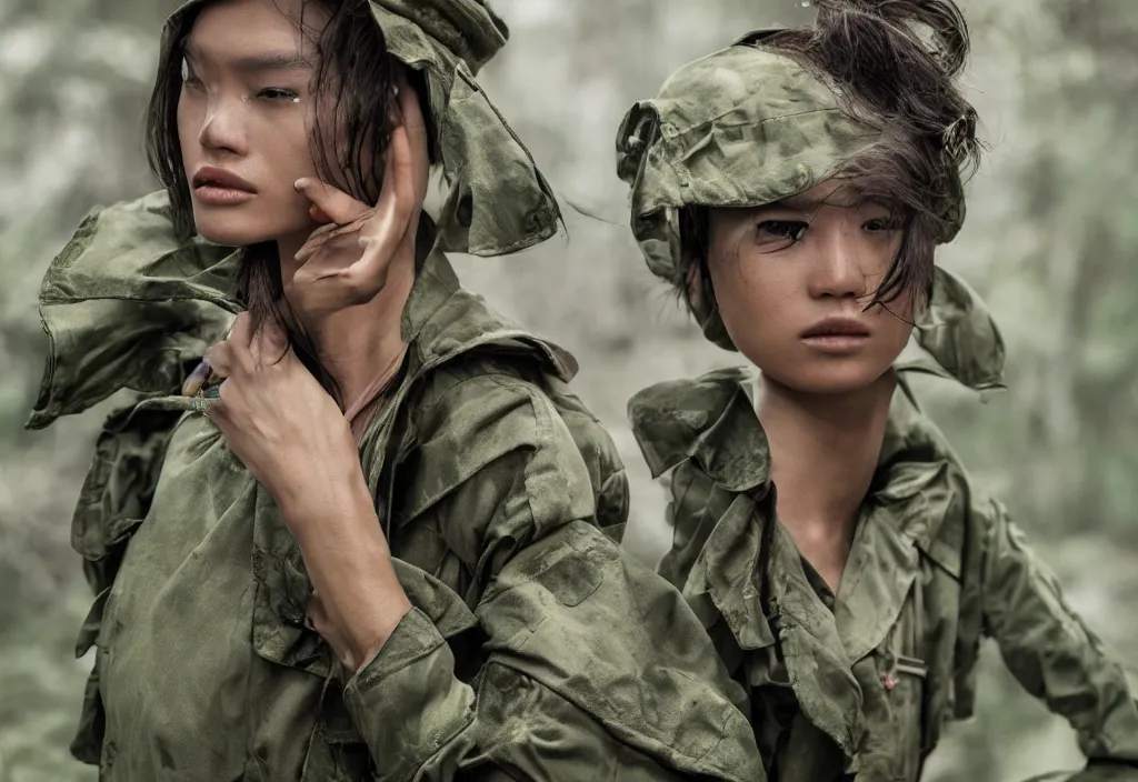 Image similar to fashion editorial in vietnam war. hyperrealistic. detailed. depth of field. high definition. 8k. depth of field. photography.