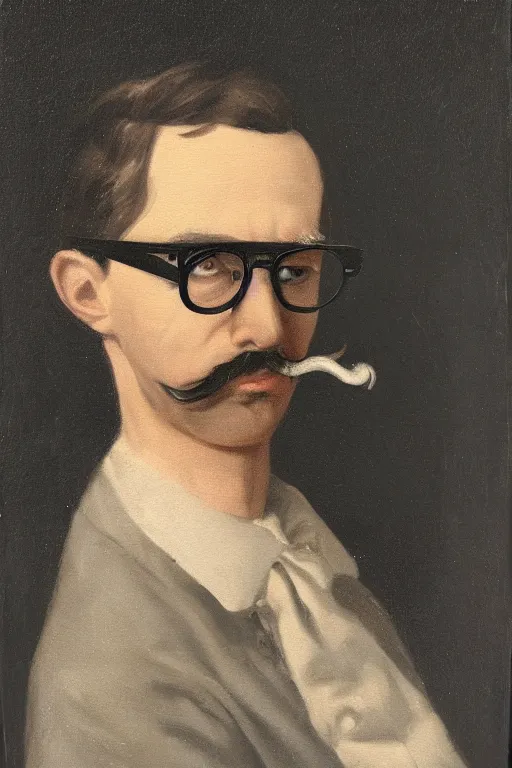 Prompt: oil painting of a slim sickly German man, wearing round glasses and a thin mustache, dark background, frowning, straight black hair