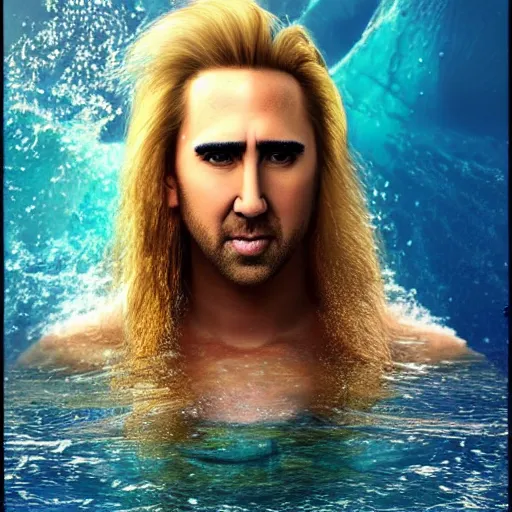 Image similar to a merman swimming through the ocean, long blond hair, with the face of Nicholas Cage, artstation