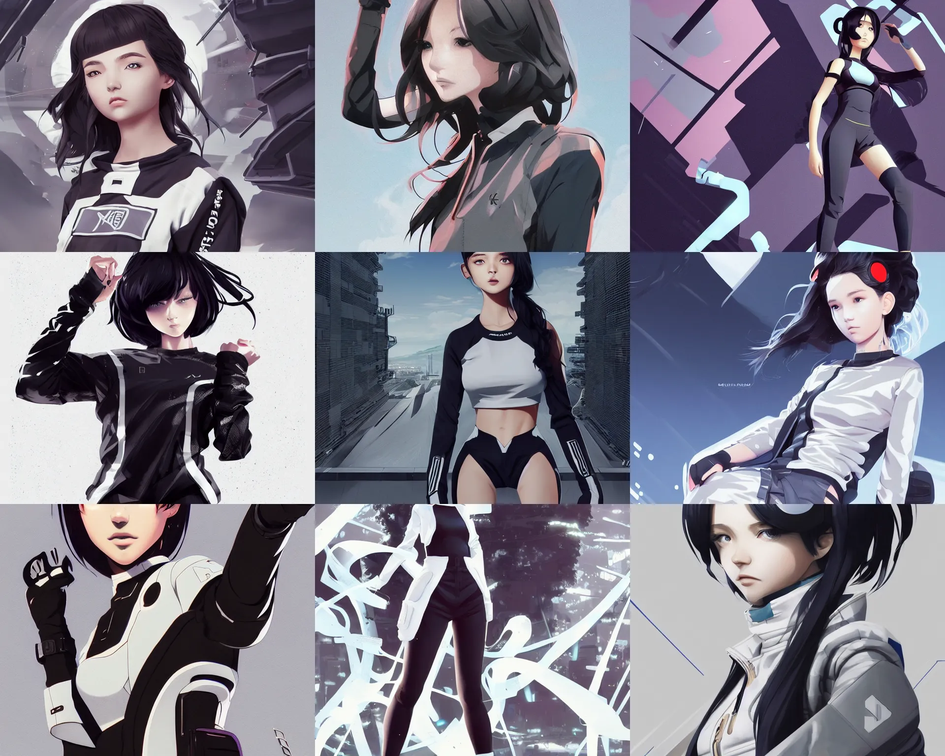 Prompt: uncropped full body poster girl with futuristic streetwear and wavy hair holding her arms crossed, monotone colour palette, cute face, pretty face, anime by kuvshinov ilya, artgerm and greg rutkowski, 4 k, hdr, graphic design, adobe illustrator, behance, trending on artstation