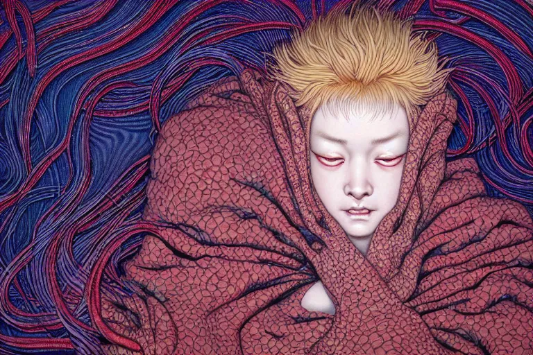 Prompt: realistic detailed image of a woman in a stray jacket laying in a padded room, conjuring psychedelic background, part by takato yamamoto, part by alex gray, ross tran, james jean, ultra realistic, octane render, highly detailed, very cohesive, 8 k, trending on artstation, cosmic, masterpiece