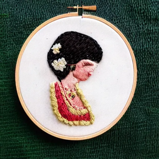 Prompt: a tiny beautiful handmade embroidery of a bride. hand embroidery.