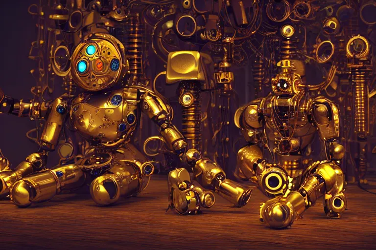 Image similar to a golden and blue metal humanoid steampunk robots wearing and gears and tubes is sitting on the ground, meditation, eyes are glowing red lightbulbs, shiny crisp finish, 3 d render, 8 k, insaneley detailed, fluorescent colors