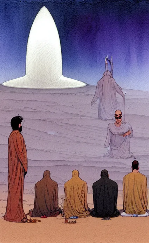 Prompt: a hyperrealist watercolour character concept art portrait of a group of middle eastern men kneeling down in prayer in front of a 1 2 ft. thin alien on a misty night in the desert. a ufo is in the background. by rebecca guay, michael kaluta, charles vess and jean moebius giraud