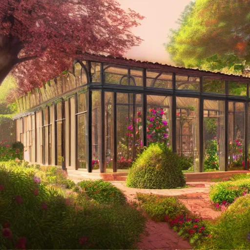 Prompt: a glass house in the center of a spanish garden, sunrise, european flowers, highly detailed, digital painting, artstation, in a baroque style, 4 k