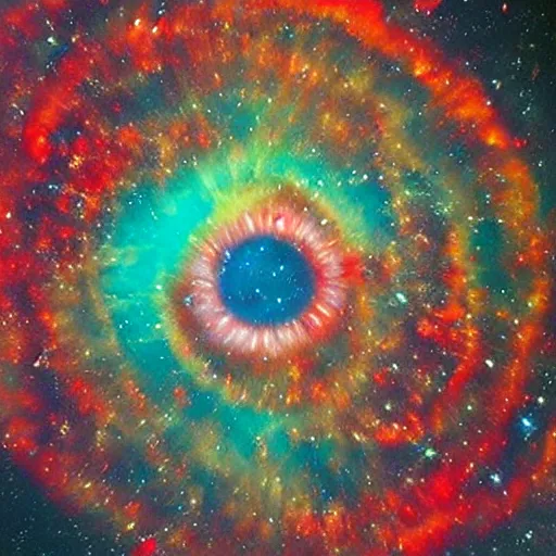 Prompt: Street art. NGC7293 Helix Nebula in intrared by VISTA telescope, Chile. Aaahh!!! Real Monsters by Clovis Trouille, by Adrian Smith bold, daring