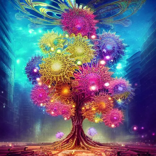 Prompt: an intricate fractal colorful tree with glowing mechanical flowers and bugs under water, suspended in the air above a underwater street of a underwater sci - fi city made of gold and glass, matte painting, cinemati, dramatic atmosphere, detailed, atmospheric, wide angle, artstation trending