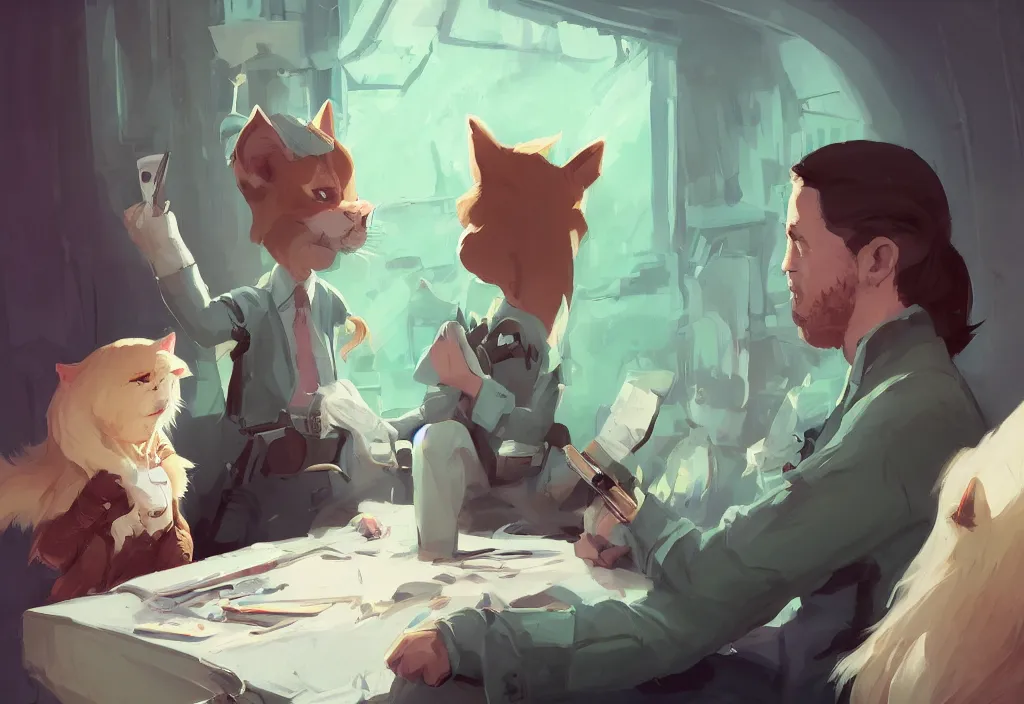 Image similar to portrait of joe biden talking with a cute catgirl, epic debates, presidental elections candidates, cnn, fox news, fantasy, by atey ghailan, by greg rutkowski, by greg tocchini, by james gilleard, by joe gb fenton, dynamic lighting, gradient light green, brown, blonde cream, salad and white colors in scheme, grunge aesthetic