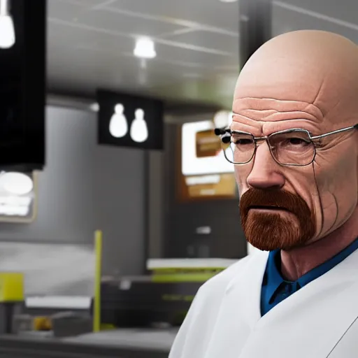 Image similar to walter white working at mcdonalds, stressed, serving at drive thru, photorealistic, hd, 4k, natural lighting, cinematic