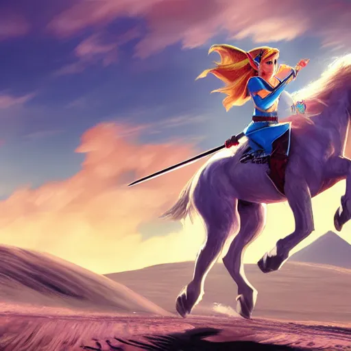 Image similar to A hyper real comic book style portait painting of Zelda the princess, riding a horse on the moon, Triforce flag on the ground, unreal 5, hyperrealistic, octane render, cosplay, RPG portrait, dynamic lighting