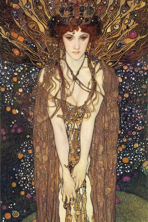Image similar to Elven Queen by (Gustav Klimt), ((Alphonse Mucha)), Ayami Kojima, and ((Arthur Rackham))