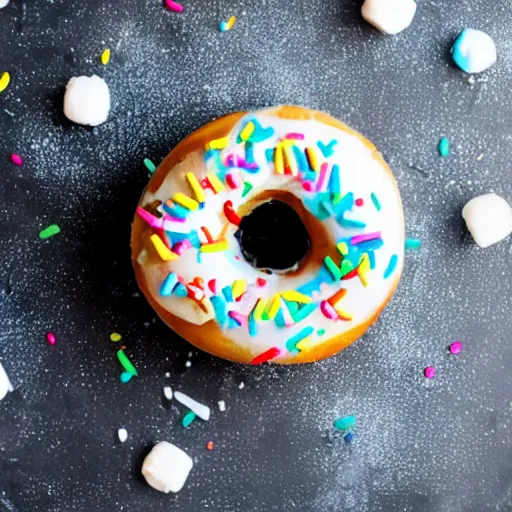 Prompt: render delicious donut with sprinkles and vibrant blue icing dripping from it