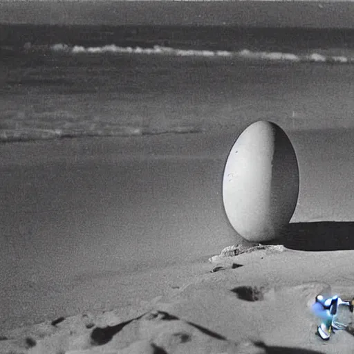 Image similar to an early 1 9 0 0 s photograph of an alien peeking out from a levitating luminescent alien egg on the beach, moonlight, at nighttime,