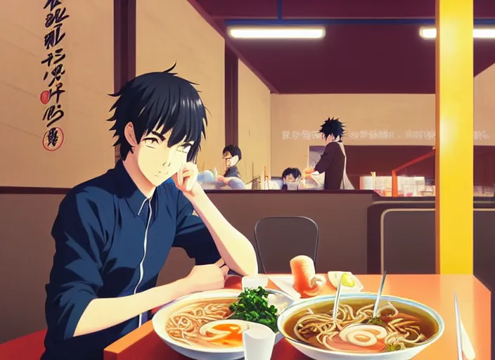 Image similar to anime visual, full body illustration a young man having lunch at a ramen stall at midnight, handsome face by ilya kuvshinov, yoshinari yoh, makoto shinkai, katsura masakazu, dynamic perspective pose, detailed facial features, kyoani, rounded eyes, crisp and sharp, cel shad, anime poster, ambient light,