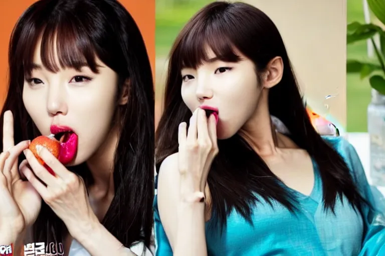 Prompt: Lee Ji-eun, seductively eating