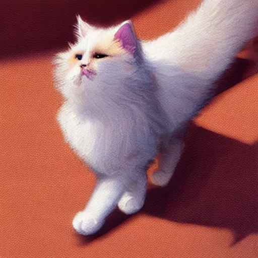 Prompt: long shot of fluffy cat walking down the stairs, daytime, long shadows, highly detailed, warm colors, artstation, concept art, sharp focus, illustration, masterpiece