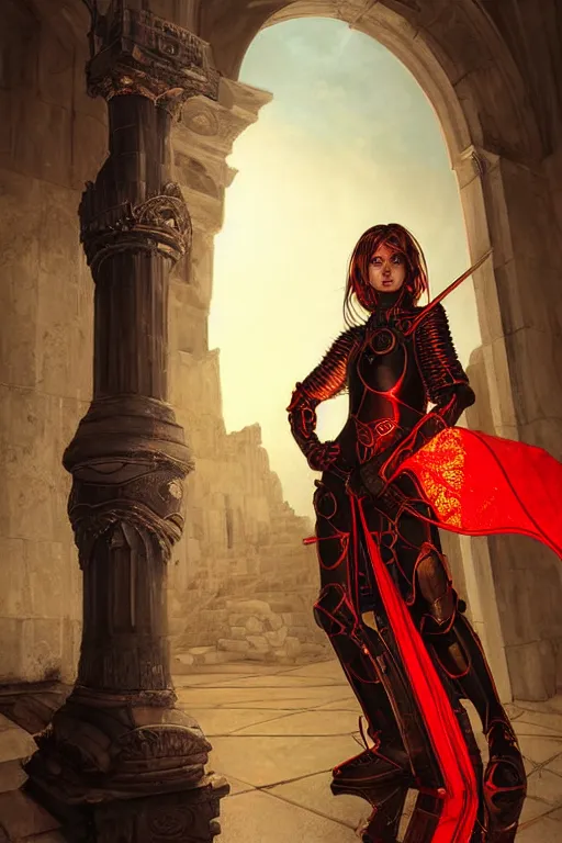 Image similar to portrait knights of Zodiac girl, metallic black and red color reflected armor, in ruin Agora of Athens sunset, ssci-fi, fantasy, intricate, natural atmosphere, cinematic lighting, elegant, golden light, highly detailed, digital painting, concept art, smooth, sharp focus, illustration, art by tian zi and loish and greg rutkowski and alphonse mucha and WLOP