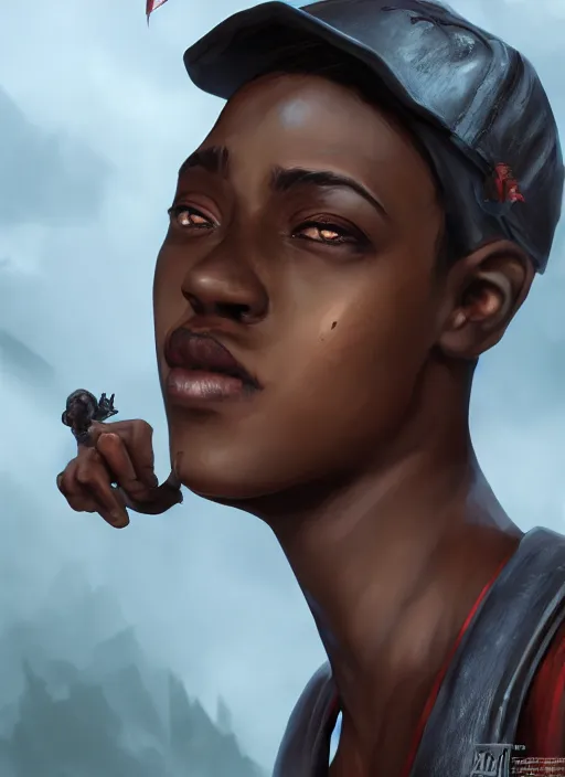 Prompt: An epic fantasy comic book style portrait painting of a young dark skinned girl with short hair dressed as a boy in a cap, unreal 5, DAZ, hyperrealistic, octane render, cosplay, RPG portrait, dynamic lighting