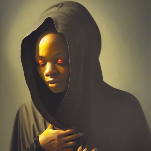 Image similar to a portrait of a young black woman wearing a long dark cloak, hood and shadows covering face, holding golden chains, oil painting, matte painting, black background, Volumetric Golden dappled dynamic lighting, Highly Detailed, Cinematic Lighting, Unreal Engine, 8k, HD, by Beksinski