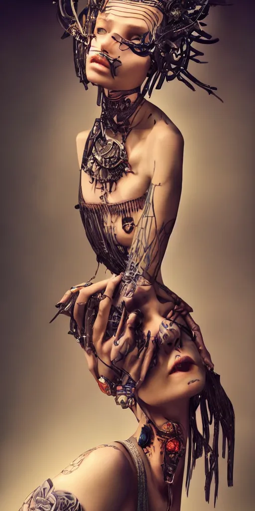 Prompt: hyperrealistic futuristic high fashion photography, girl in studio, full body, vogue magazine, nomad masterpiece, nano parts, neon lights, smoke, eerie music, beautiful intricate face and flawless skin, tribal jewelry, tattoos, perfect hands, head piece, by Edgar Maxence and Ross Tran and Michael Whelan, 8k, octane render