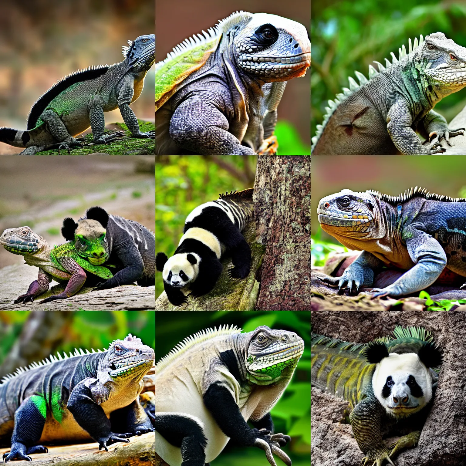 Prompt: iguana and panda hybrid animal, hd, wildlife photography, award winning