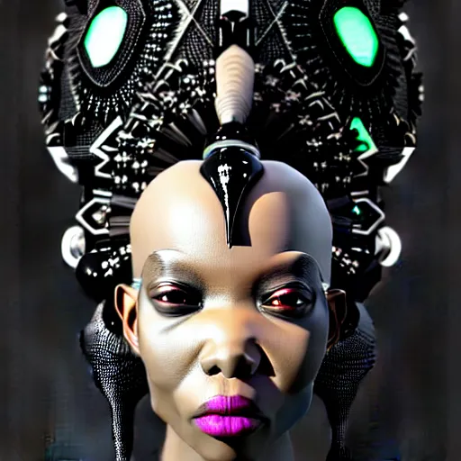 Image similar to portrait of an absurdly beautiful, graceful, sophisticated, fashionable black cyberpunk mechanoid gravure idol, hyperdetailed illustration by irakli nadar, maria borges, matt wisniewski style, intricate linework, dark black skin, neon jellyfish headdress, ivory carved ruff, unreal engine 5 highly rendered, global illumination, radiant light, detailed and intricate environment