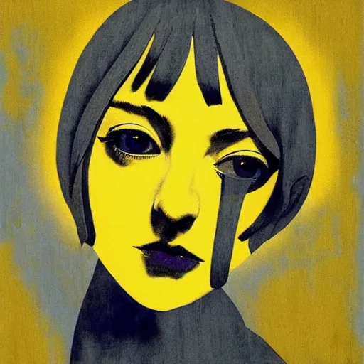 Image similar to Dakota Fanning with short blue hair wearing a yellow raincoat by Dave McKean