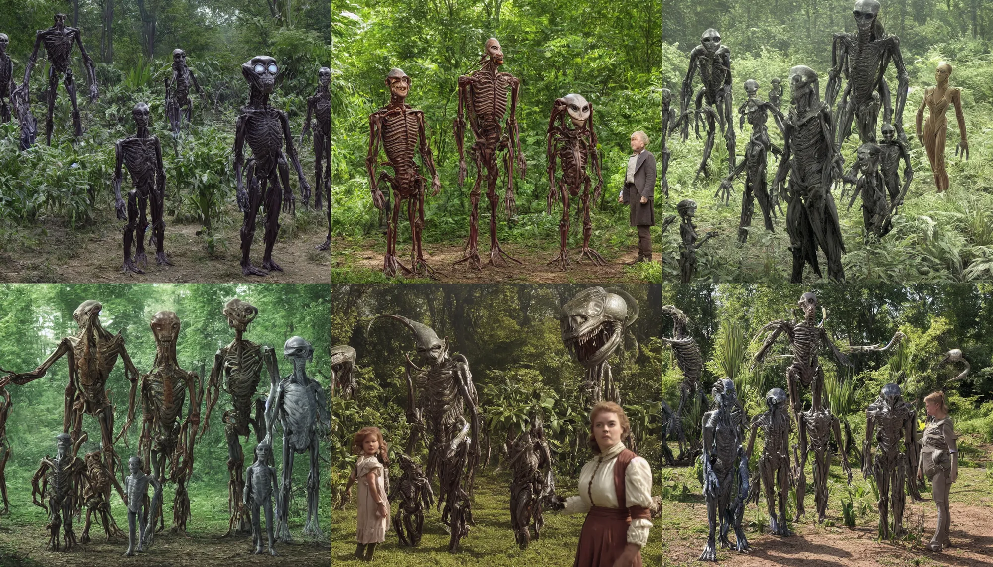 Prompt: sharp, highly detailed, 435456k film, 1612800mm film still from a sci fi blockbuster color movie made in 2019, set in 1860, of family standing with an humanoid alien creature, next to some alien plants, in a park on an alien planet, wearing 1860s era clothes, good lighting, good photography, ultra high definition, in focus, 35mm macro lens