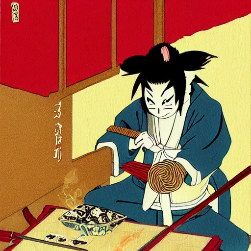 Prompt: robe rat samurai eating noodles, painting on a canvas, anime style, studio ghibli, contemplative, beautiful, surreal, detailed, dreamy