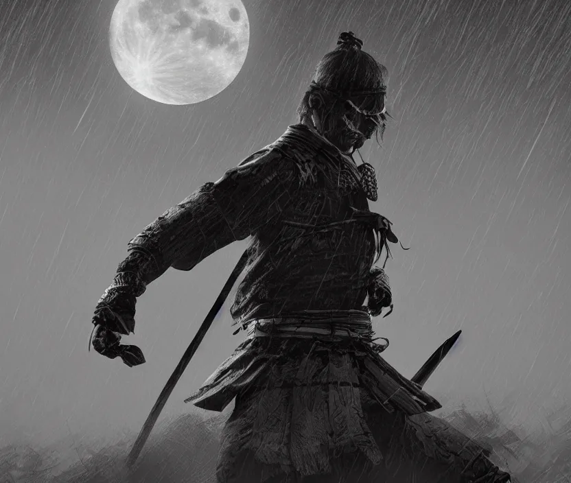 Image similar to '2d design graphic a samurai in the night ,big white moon background , gloomy and foggy atmosphere, octane render, artstation trending, horror scene, highly detailded style of Moebius, black and white ink '