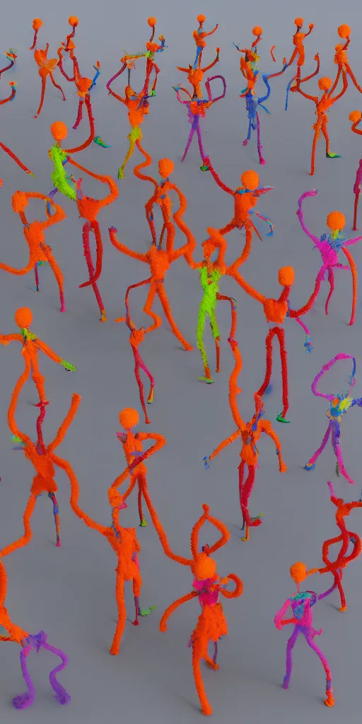 Prompt: group of giant sakura-colored people dancing made out of fluffy pipe cleaners in the style of Jean-Michel Basquiat, 3D cinematic lighting, spotlight at a 90 DEGREE ANGLE, photorealism, octane render, depth of field, 8k, 35mm, artgem, Trending on artstation