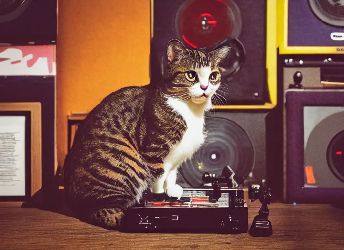 Image similar to photography of a Cat sitting on a record player. in a room full of vinyls and posters out of the 70's, photorealistic, raining award winning photo, 100mm, sharp, high res