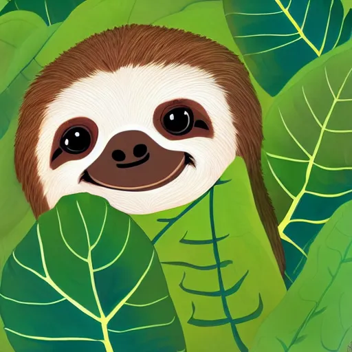 Image similar to a cute baby sloth in a happy leafy environment, incredible digital painting in an artistic style, trending on artstation