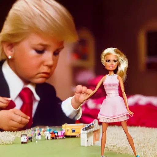 Image similar to 3 5 mm macro photograph of a young donald trump playing w barbie dolls, highly detailed, 4 k