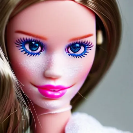 Image similar to a barbie doll with white powder all over her face